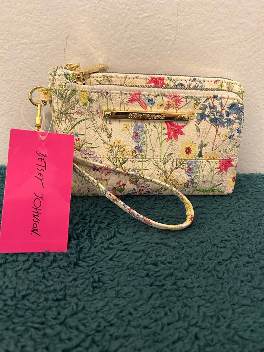 Betsey Johnson Cream Floral Wristlet with Multicolor Blooms